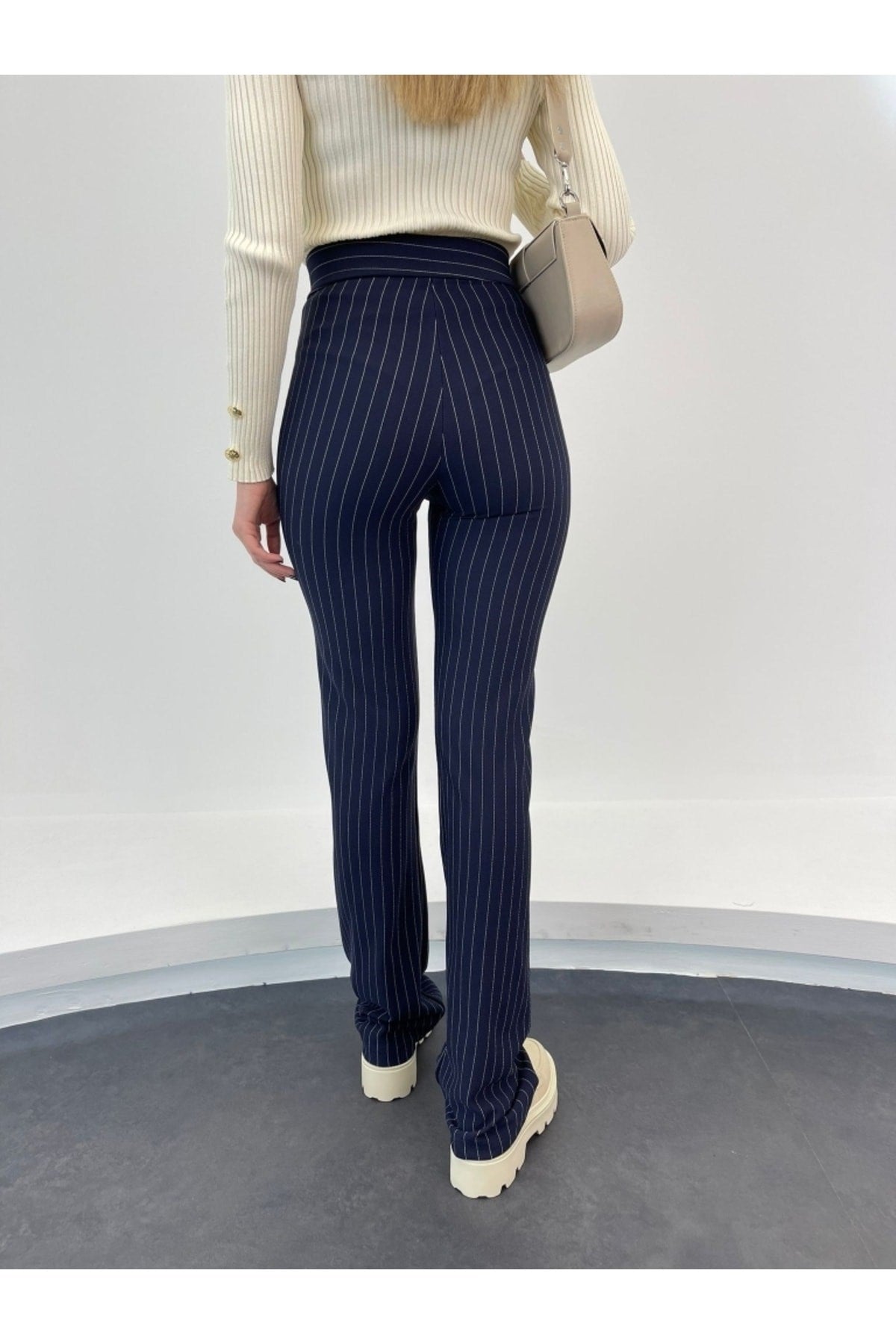 Navy Ribbed Palazzo Pants 3963