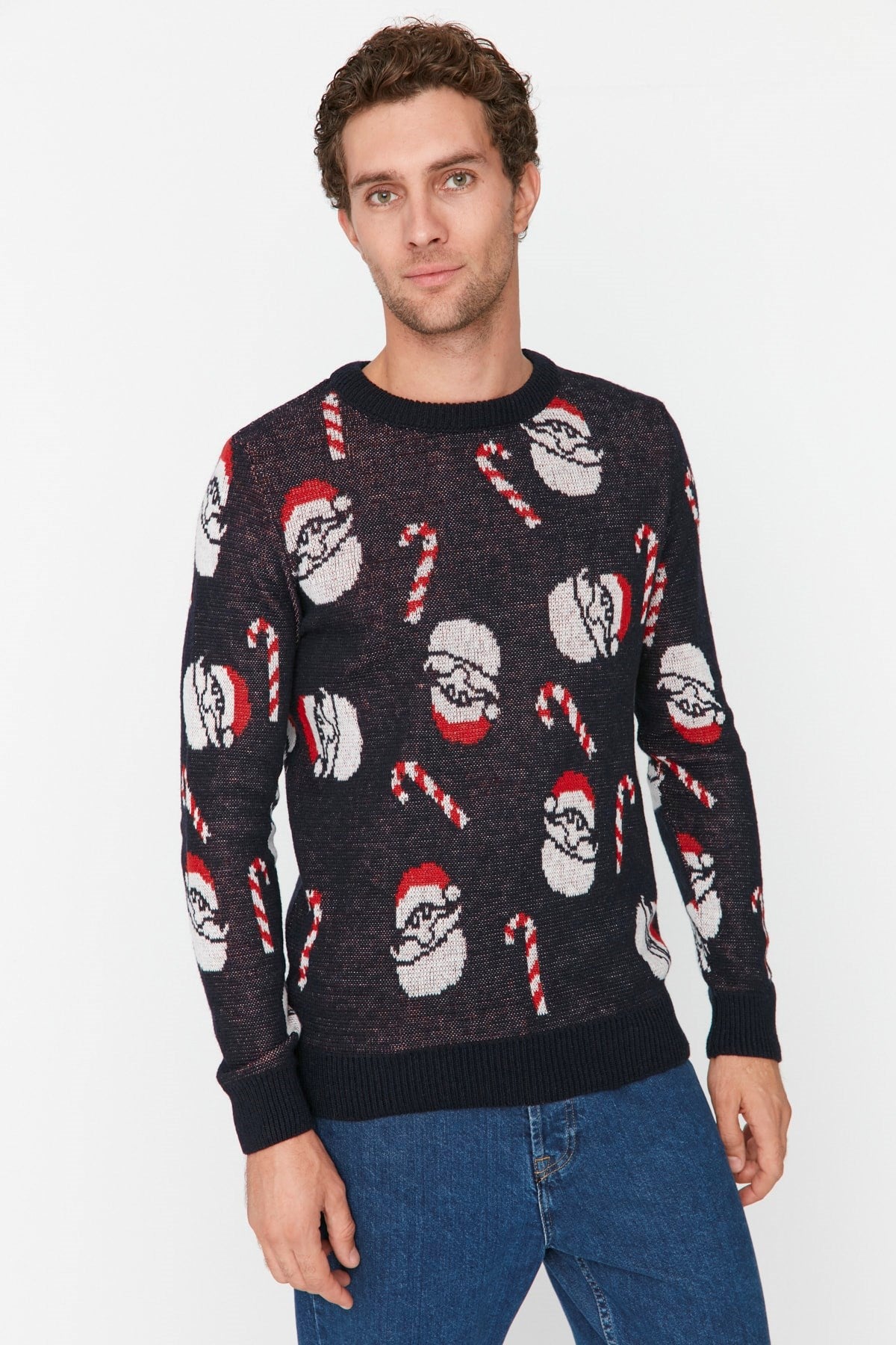 Multicolor Mens Slim Fit Crew Neck Santa Claus Patterned Christmas Knitwear Sweater Tmnaw23kz00218