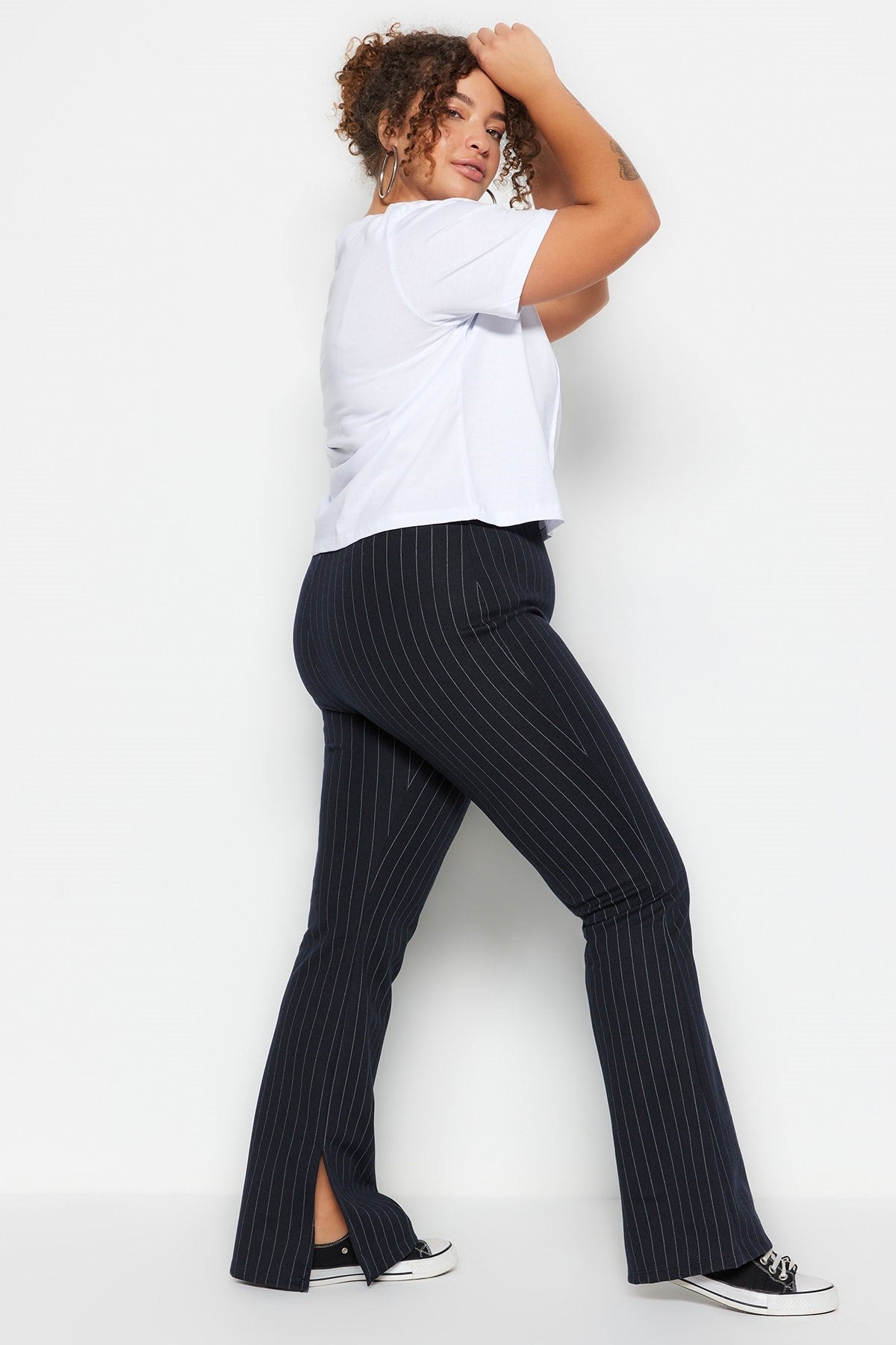 Navy Blue Knitted Sides Slit Spanish Leg High Waist Striped Leggings Pants Tbbss23ar00036