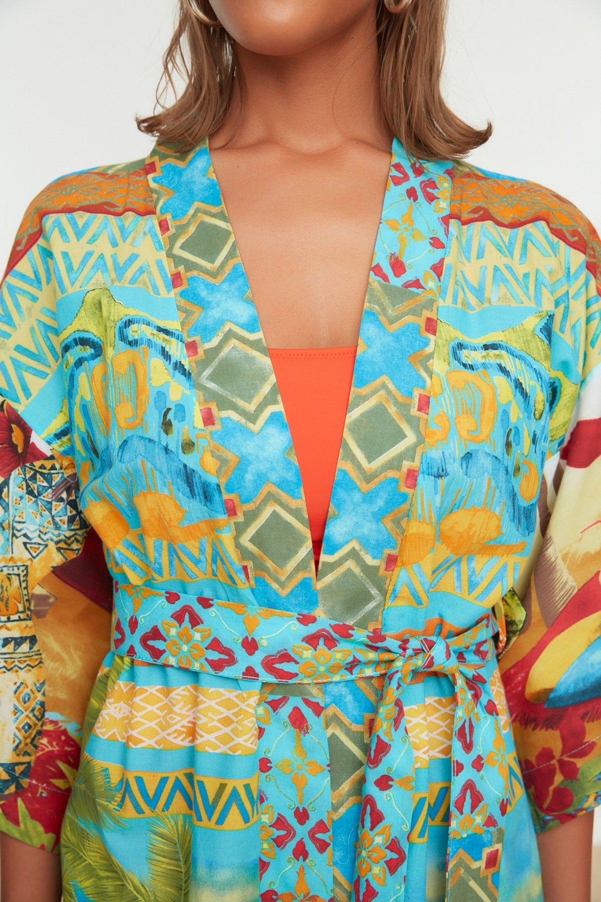 Tropical Pattern Belted Maxi Woven 100% Cotton Kimono&kaftan Tbess22km0042