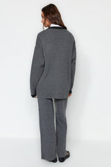 Anthracite Color Block Gold Button Pocketed Cardigan-pants Knitwear Bottom Top Suit Tctaw24us00107