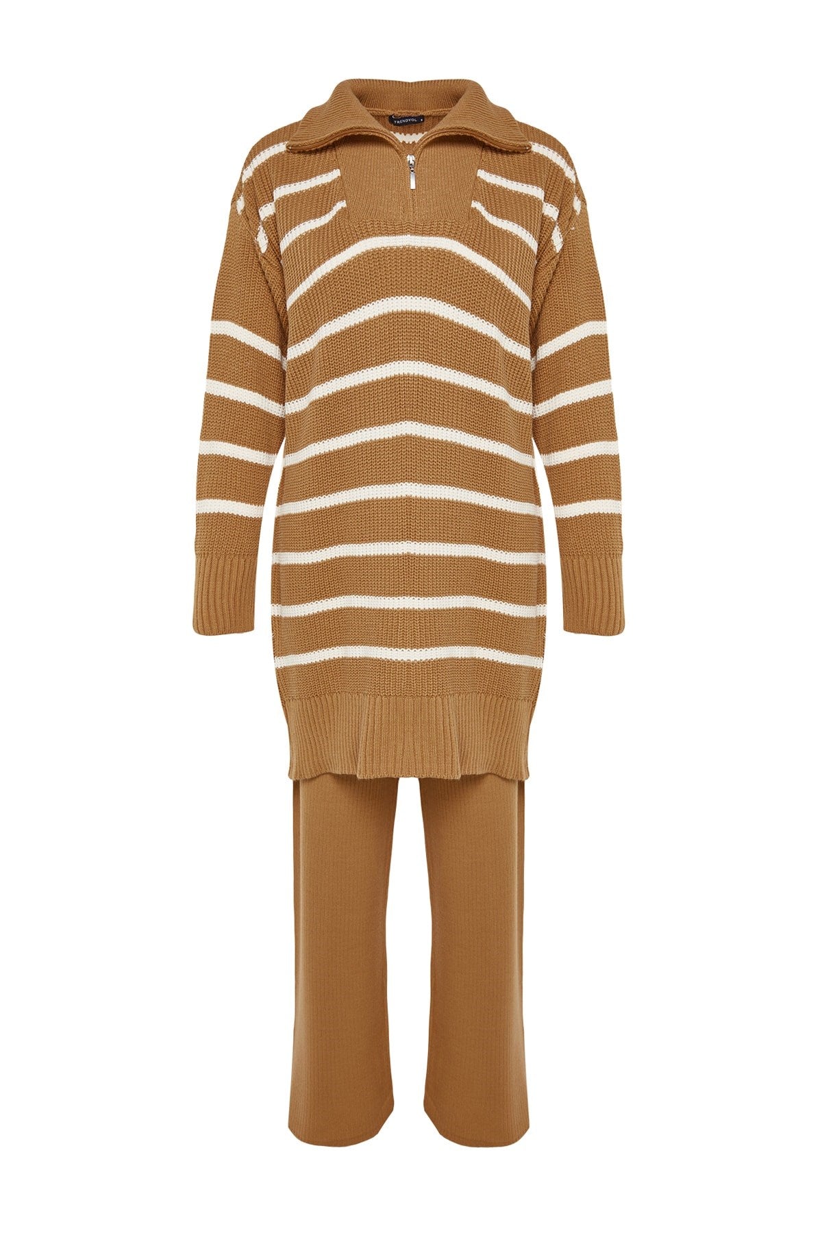 Camel Zipper Detailed Thessalonica Striped Knitwear Bottom-top Suit Tctaw24us00058