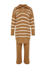 Camel Zipper Detailed Thessalonica Striped Knitwear Bottom-top Suit Tctaw24us00058