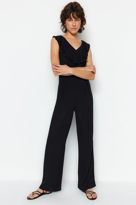 Black Maxi Woven Ruffle Jumpsuit Twoss23tu00147