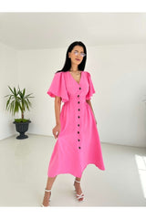 Pink Sleeves Ruffled Waist Elastic Dress 55781