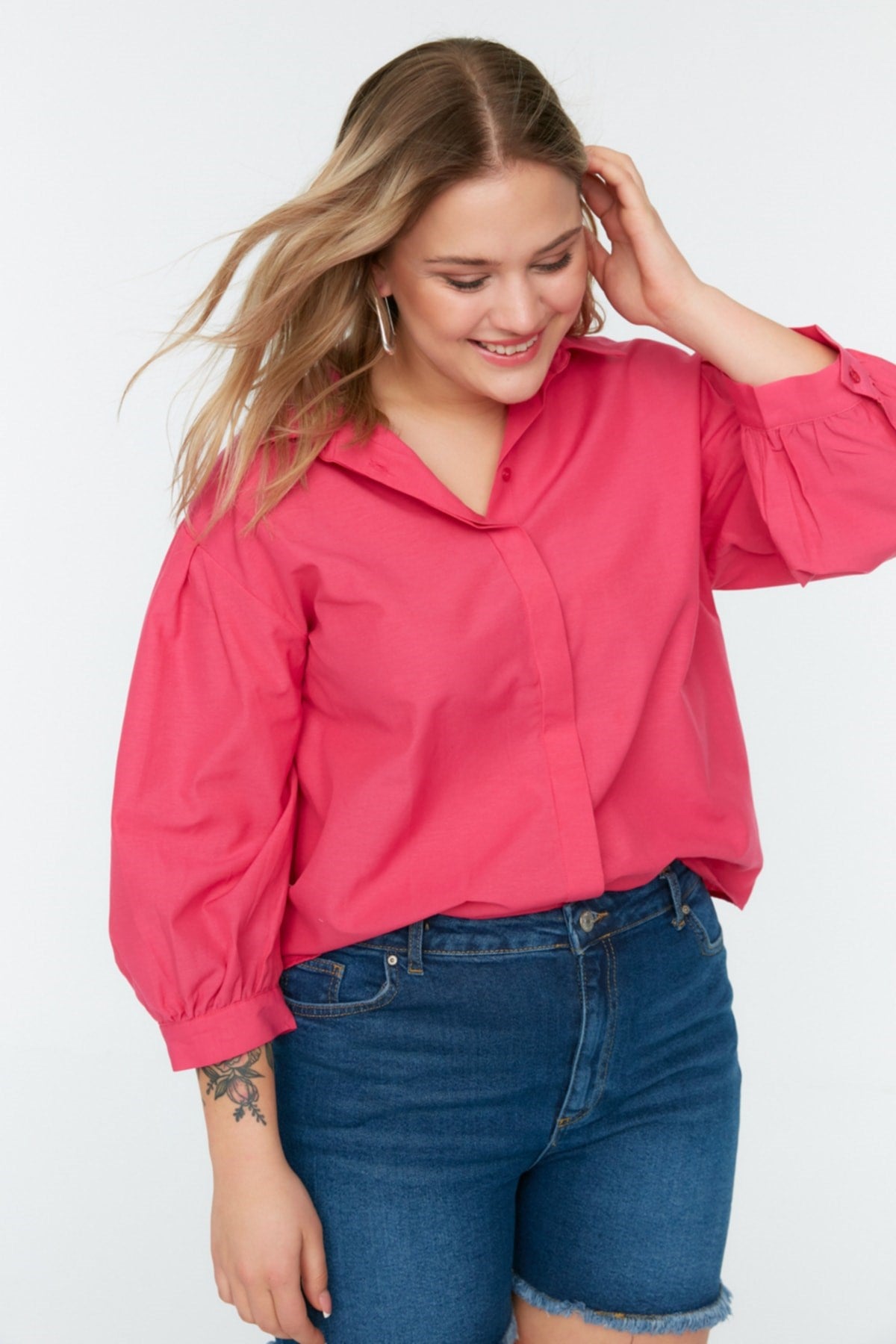 Fuchsia Woven Sleeve Detailed Poplin Shirt Tbbss22go0614