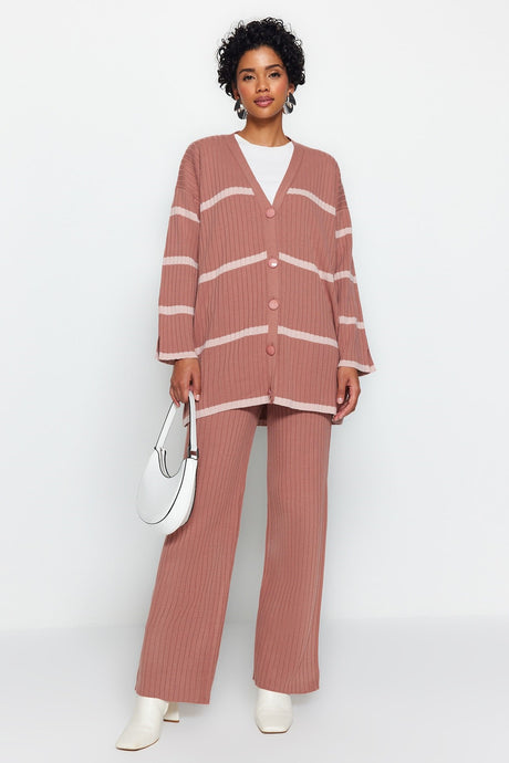 Dusty Rose Wick Knit Sweater Cardigan-pants Bottom-top Suit Tctaw24us00033