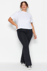 Navy Blue Knitted Sides Slit Spanish Leg High Waist Striped Leggings Pants Tbbss23ar00036