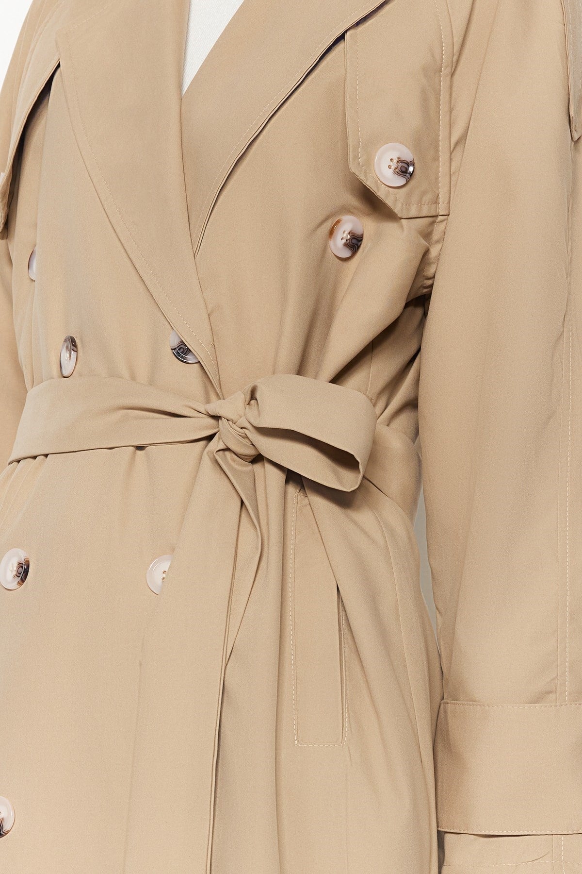 Dark Beige Belted Button Detailed Trench Coat Tctaw24cl00006