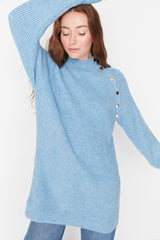 Light Blue Solid Collar Buttoned Knitwear Sweater Tctaw23ak00011