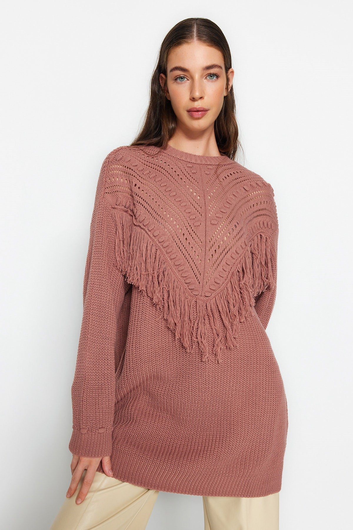 Dusty Rose Openwork And Tassel Detailed Tiko Thessaloniki Knit Sweater Tctaw24ak00150