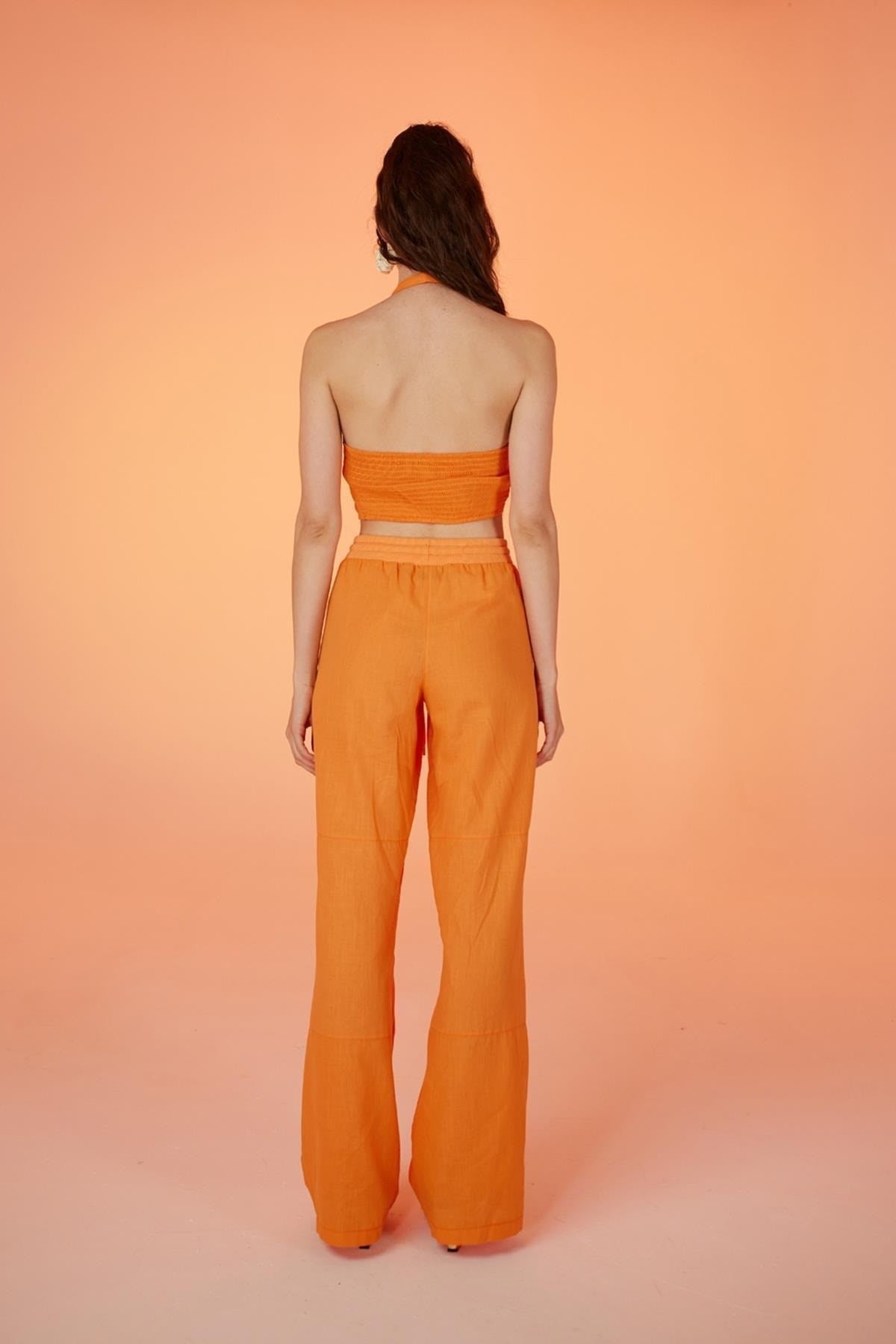 Cotton Fabric Strap Loose Fit Rise Pants Orange Hlrisepantolon