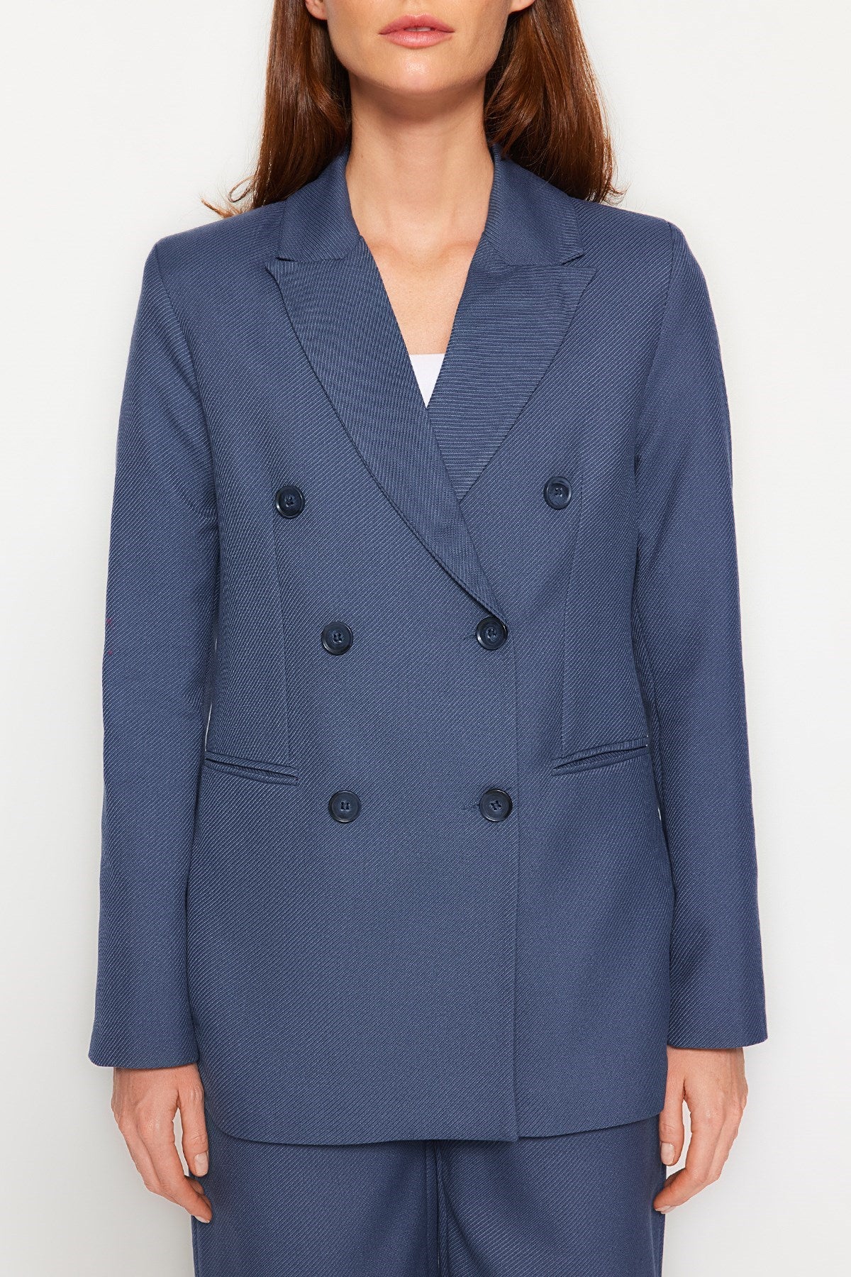 Blue Woven Blazer Jacket And Straight Straight Cut Pants Bottom-top Suit Twoaw24au00138