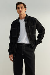 Limited Edition Men's Black Regular Fit Contrast Stitched Denim Denim Jacket Tmnaw24ce00014