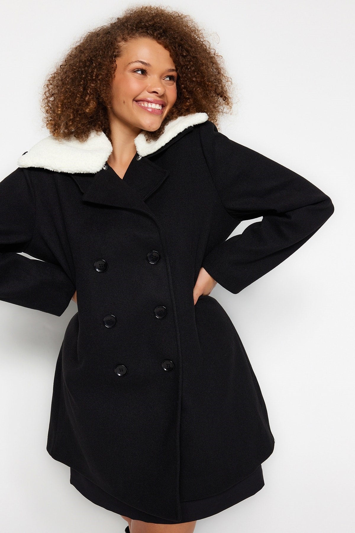 Black Fur Collar Cashmere Coat Tbbaw24dd00009