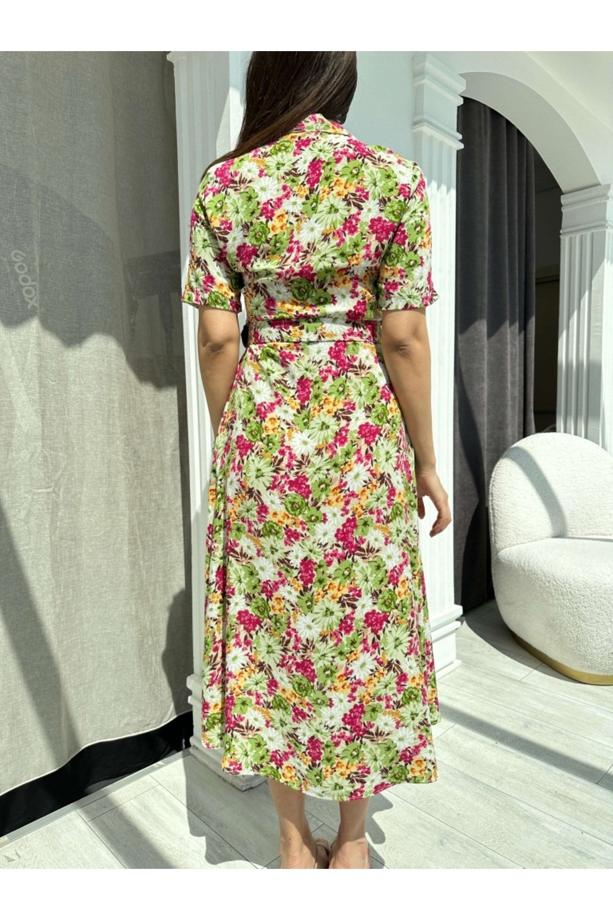 Green Spring Floral Belted Dress 3008