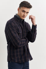 Men's Navy-burgundy Oversize Loose Cut Buttoned Collar Plaid Pattern Winter Shirt Jacket 4a202310017