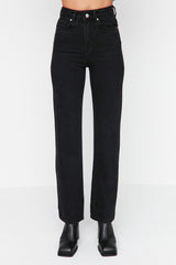 Black Collet Detail High Waist Long Straight Jeans Twoaw23je00345