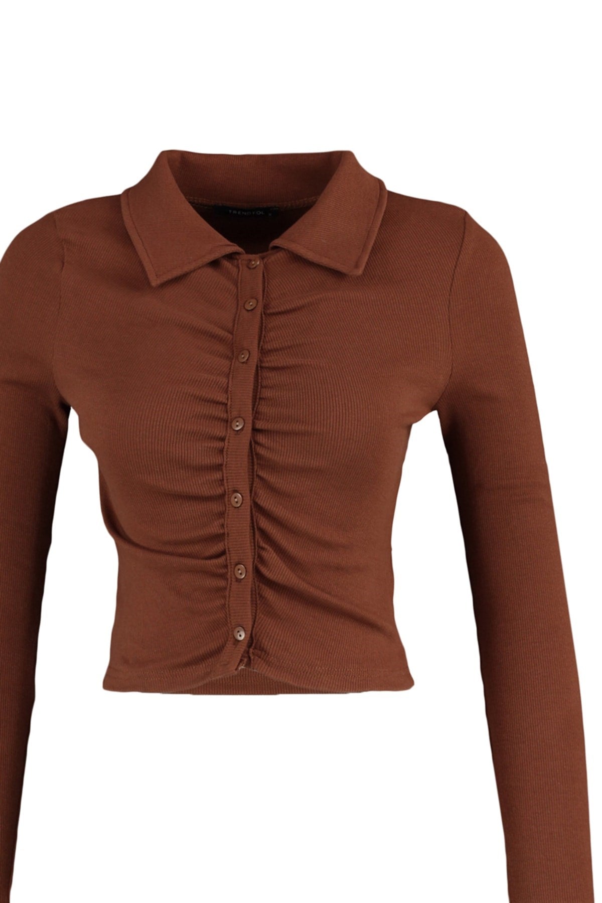 Brown Fitted/body Fitting Crop Polo Collar Ribbed Cotton Stretch Knit Blouse Twoaw23bz00130