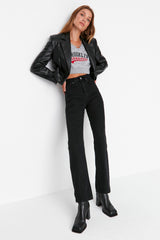 Black Collet Detail High Waist Long Straight Jeans Twoaw23je00345