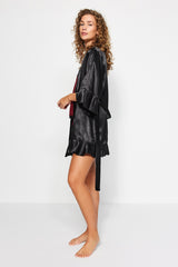 Black Flywheel Detailed Satin Woven Dressing Gown Thmaw24sb00010