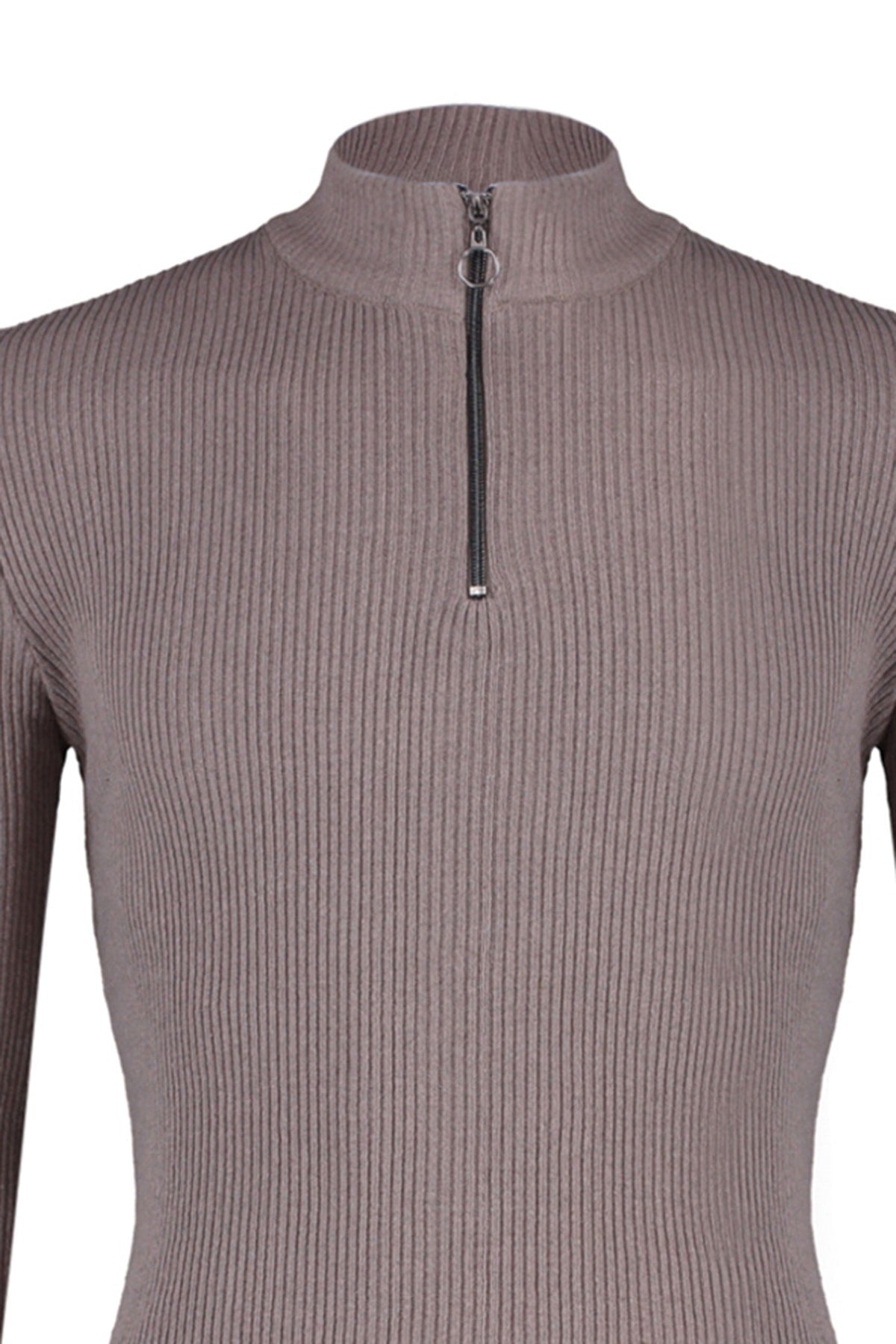 Grey Men's Slim Fit Half Turtleneck Zipper Ribbed Sweater Tmnaw20kz1034