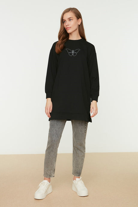 Black Crew Neck Slit Detailed Printed Knitted Sweatshirt Tctaw22tw0193