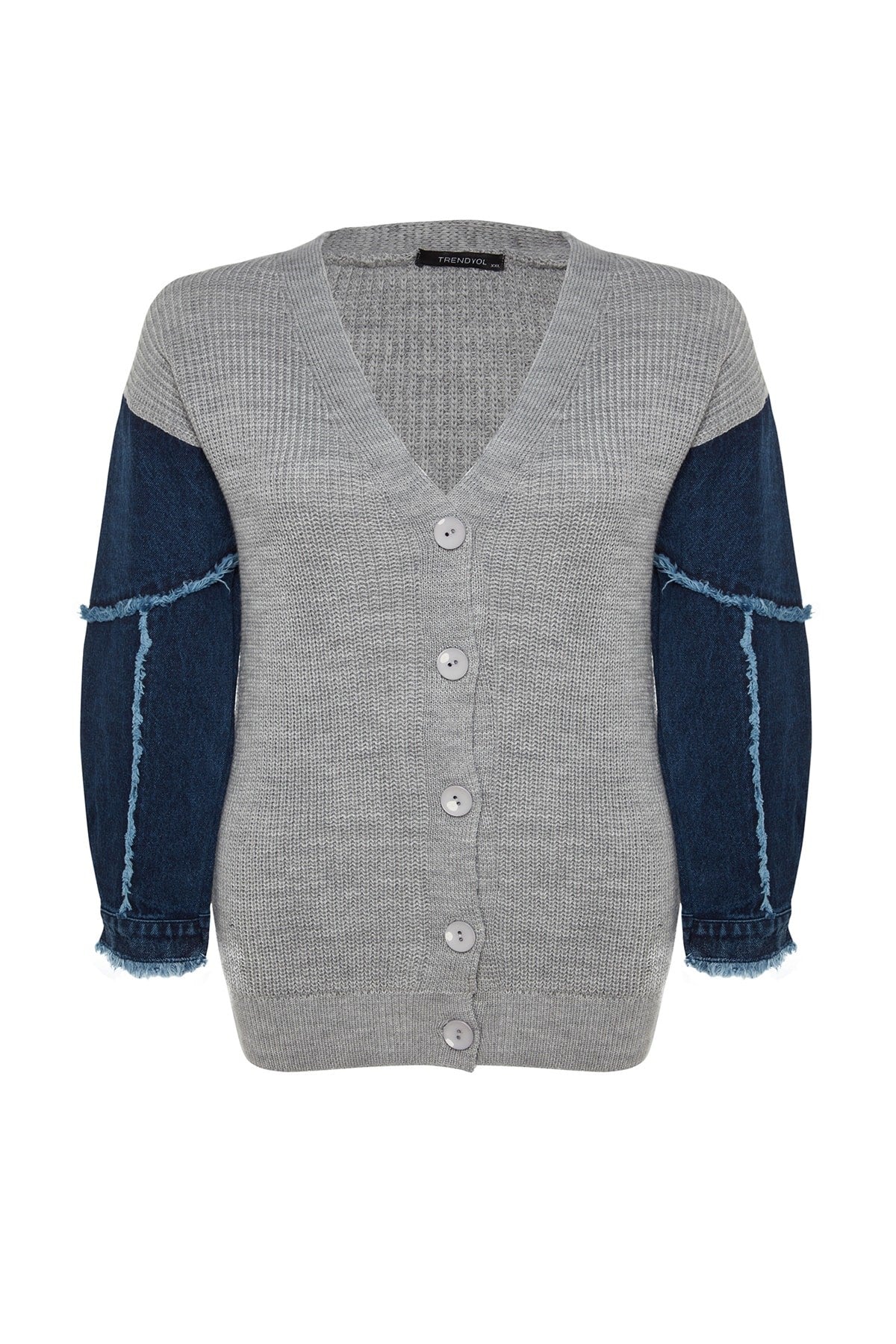 Grey Melange Sleeves Denim Detailed Knitwear Cardigan Tbbaw24av00031