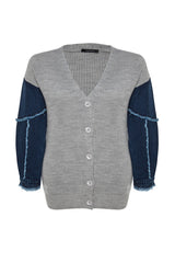 Grey Melange Sleeves Denim Detailed Knitwear Cardigan Tbbaw24av00031