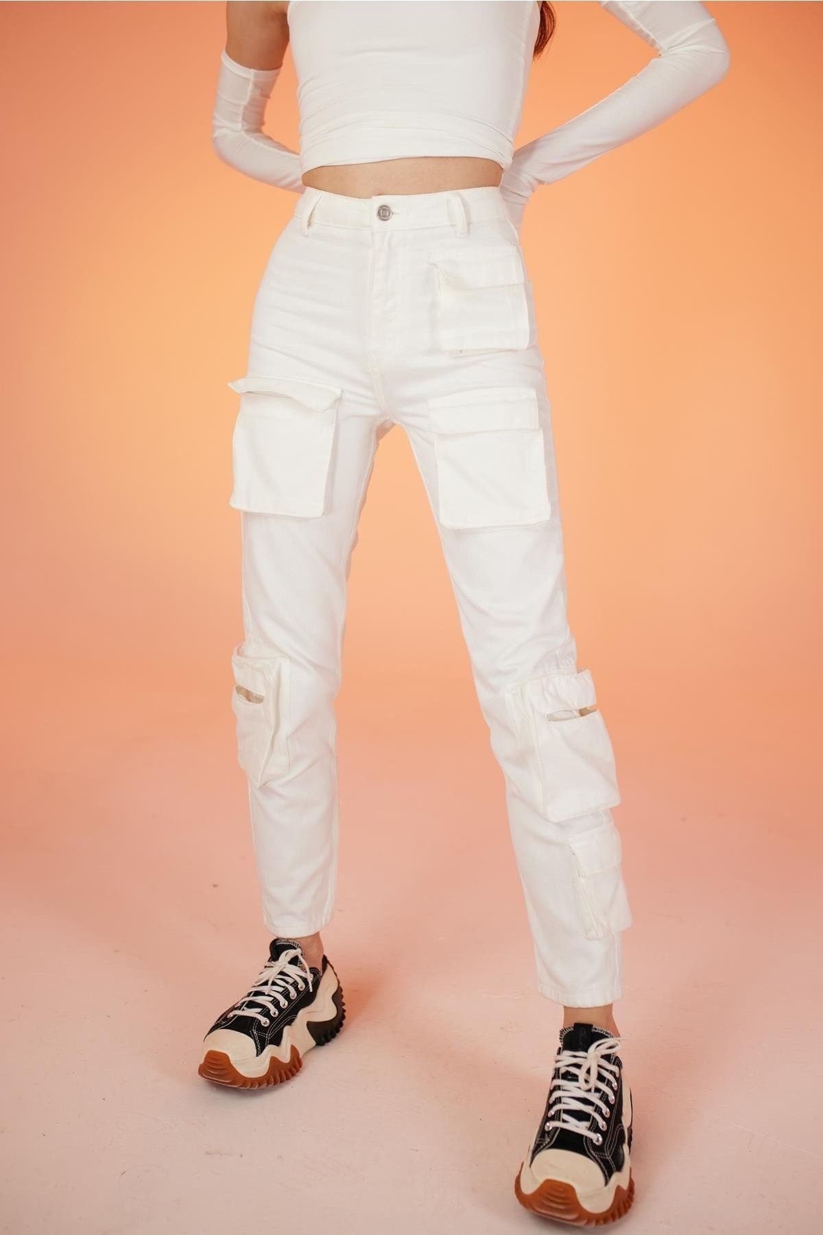 High Waist Sleeveless Serenity Jeans With Cargo Pockets White Hlserenityjean