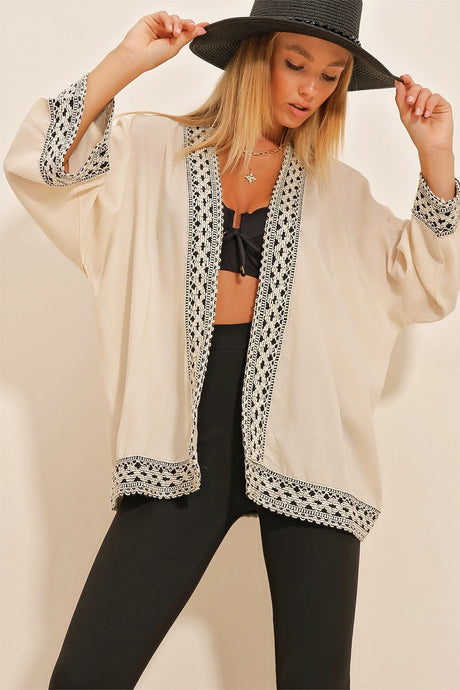 Women's Beige Border Kimono Jacket Alc-x10740