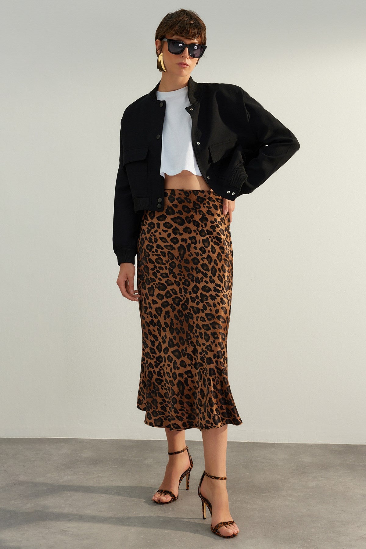 Brown Premium High Quality Animal Print Satin Midi Woven Skirt Twoaw24et00140