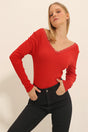 Women's Red Back Front V Neck Lace Detailed Blouse Alc-x11246