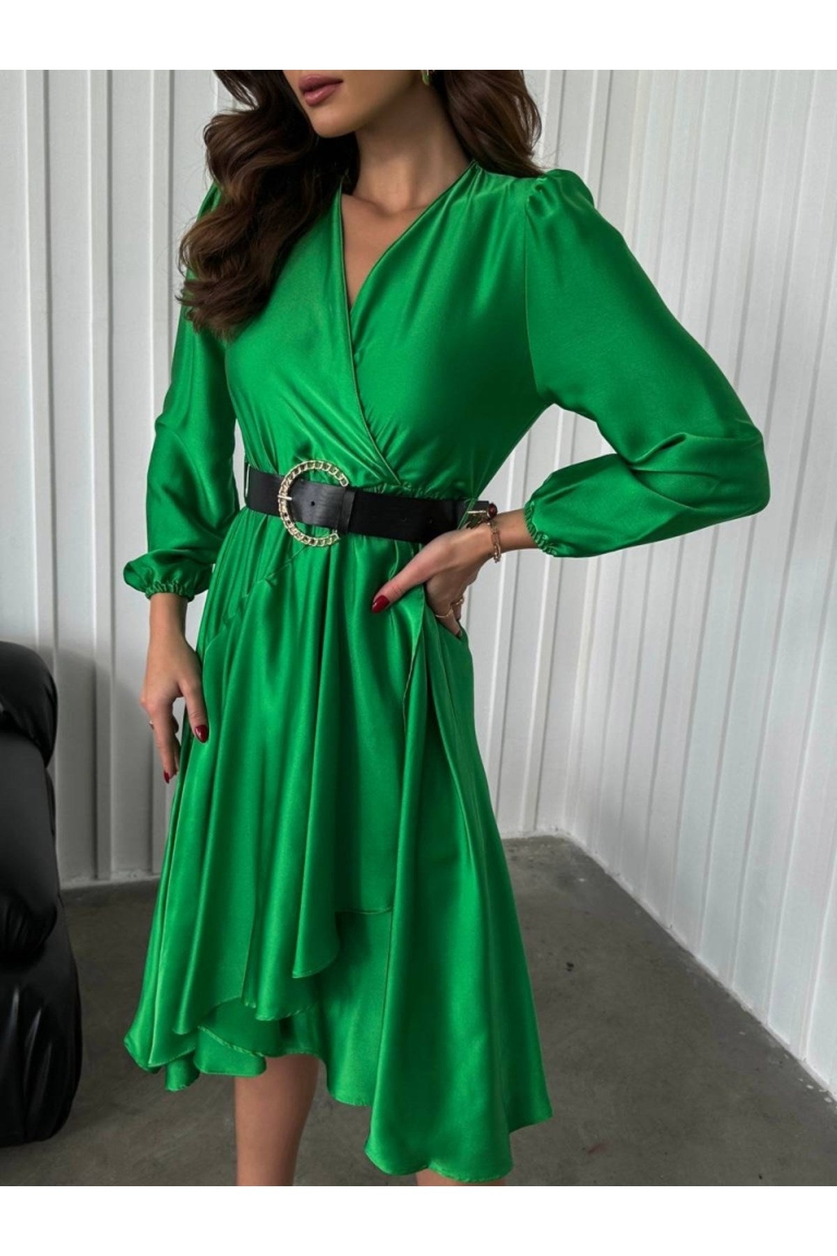 Grass Green Satin Belted Dress Tycl4u9g2n170006104502831