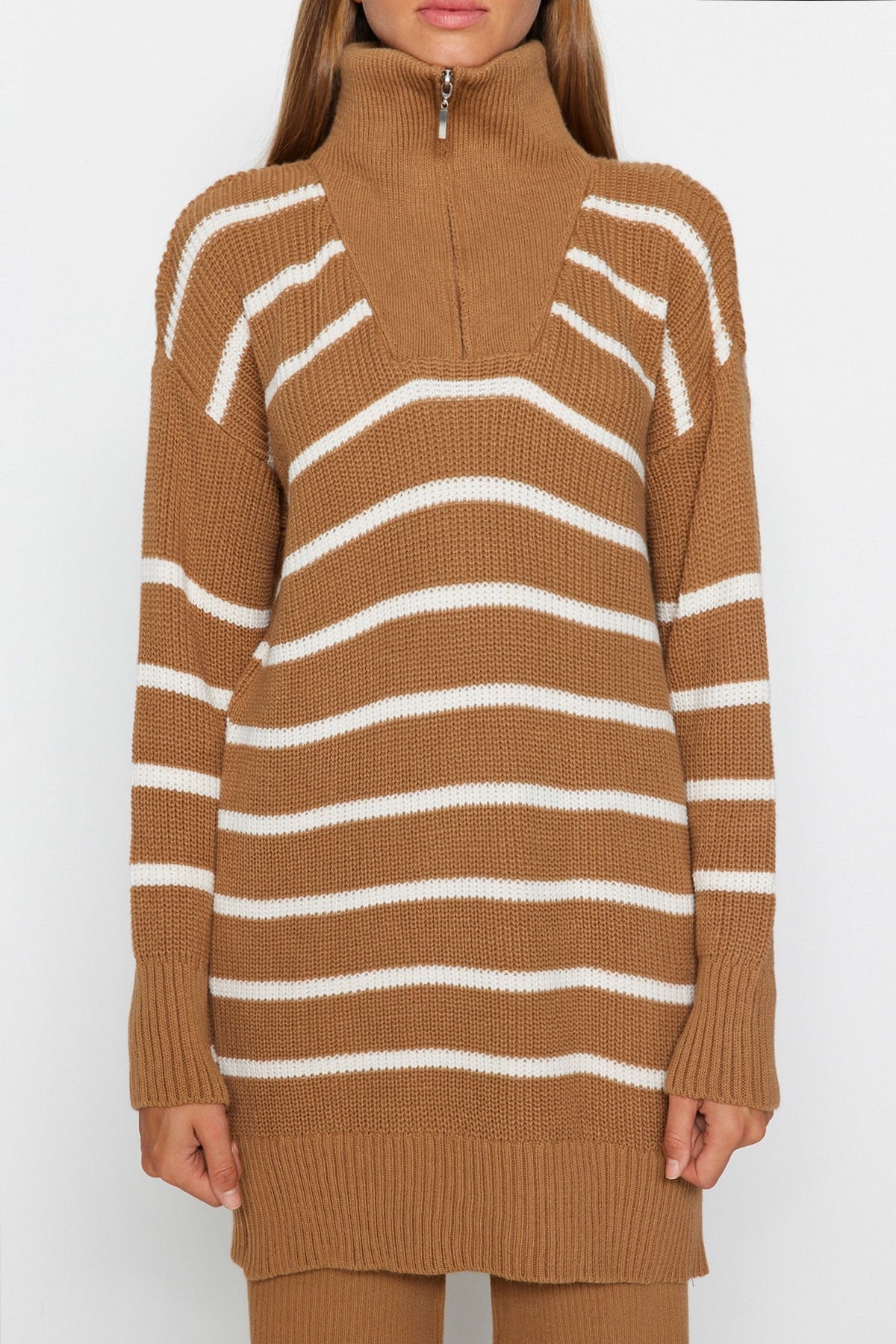 Camel Zipper Detailed Thessalonica Striped Knitwear Bottom-top Suit Tctaw24us00058