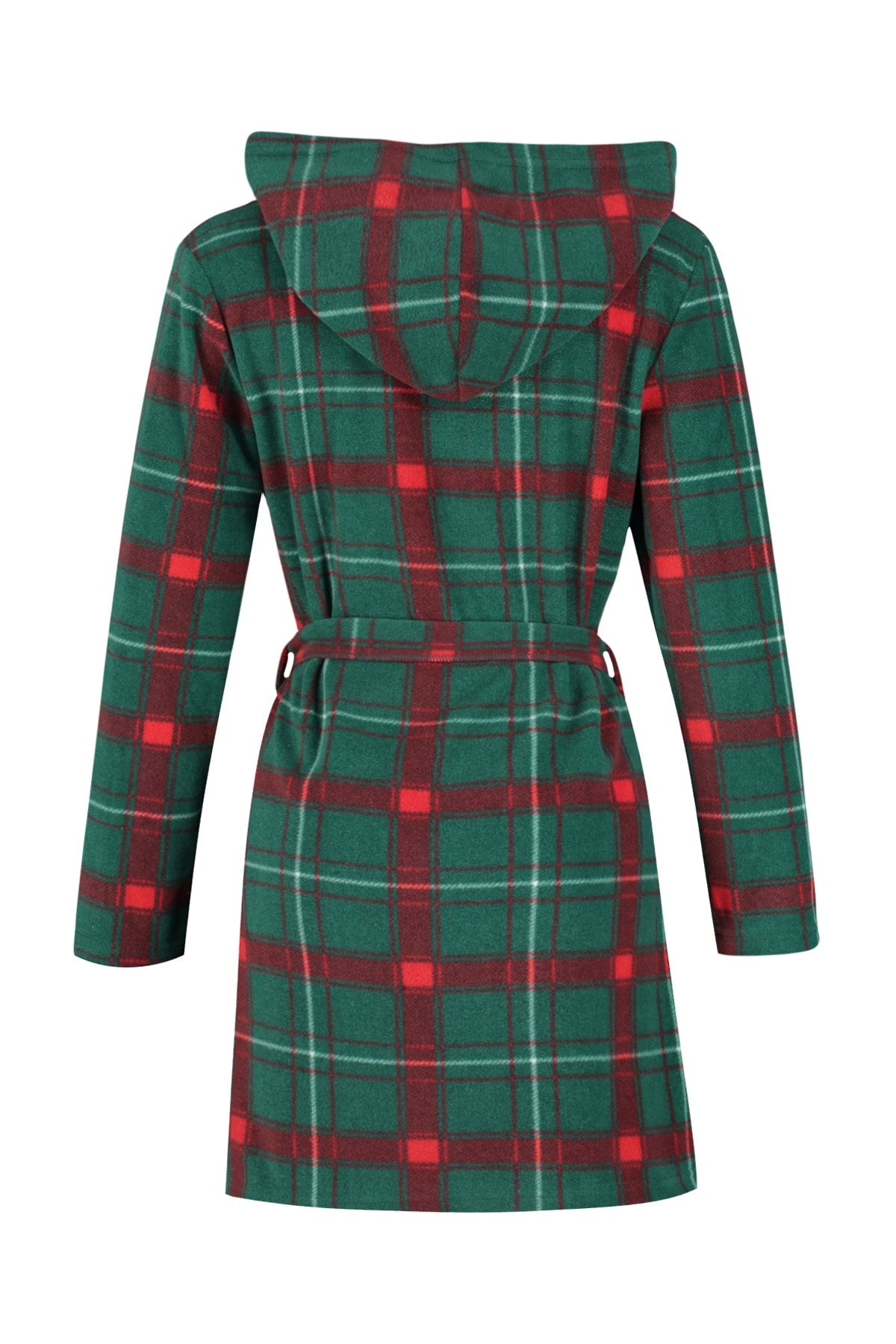 Green Plaid Pattern Hooded Fleece Knitted Dressing Gown Thmaw24sb00020