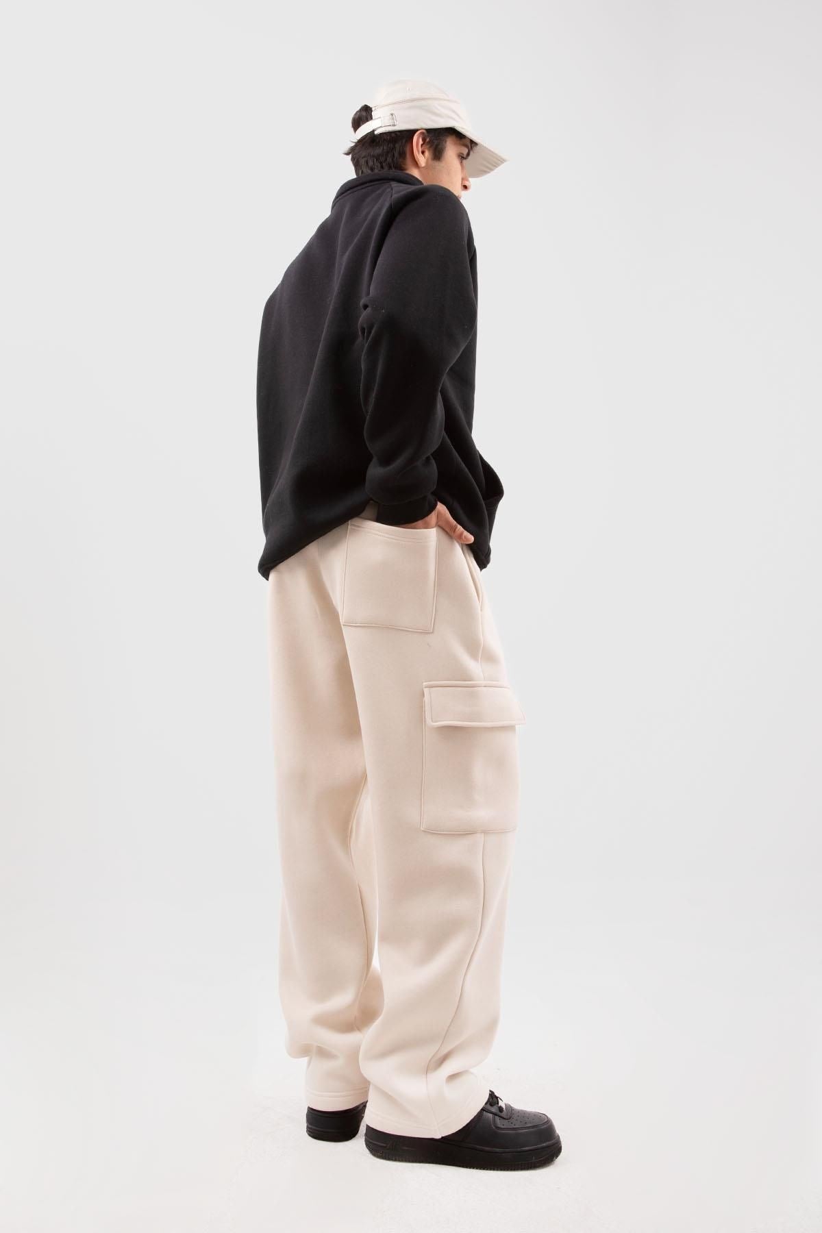 Beige Sweatpants With Cargo Pockets Flaw-200-004-001