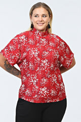 Floral Print Pleated Blouse With Stand Collar - Red Tyc00624854290