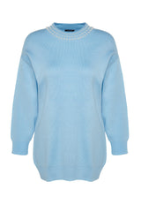 Ice Blue Pearl Detailed Knitwear Sweater Tctaw24ak00143