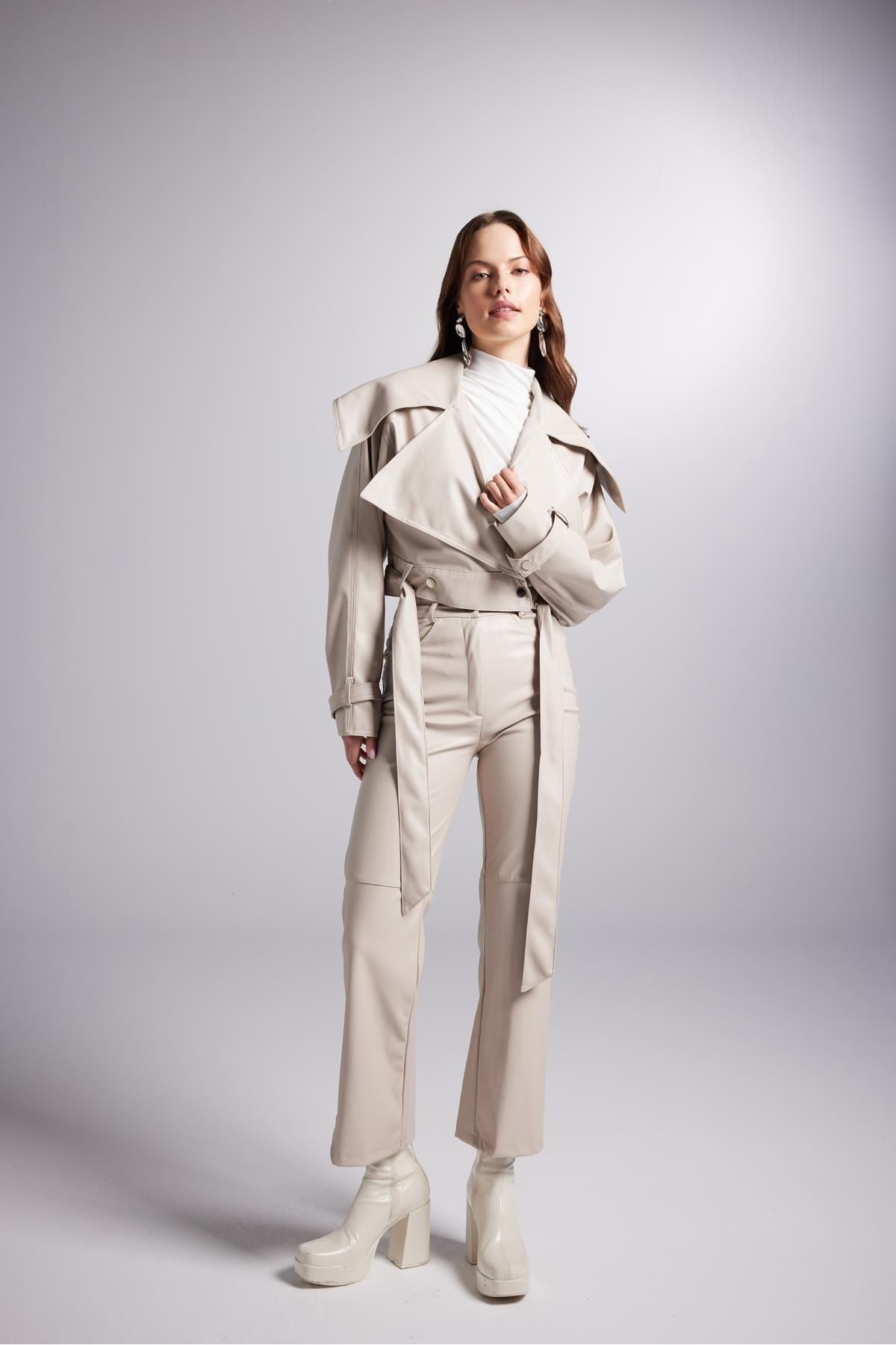 High Waist Straight Cut Leg Length Wrist Faux Leather Lucy Pants Beige Hlfw24-00040