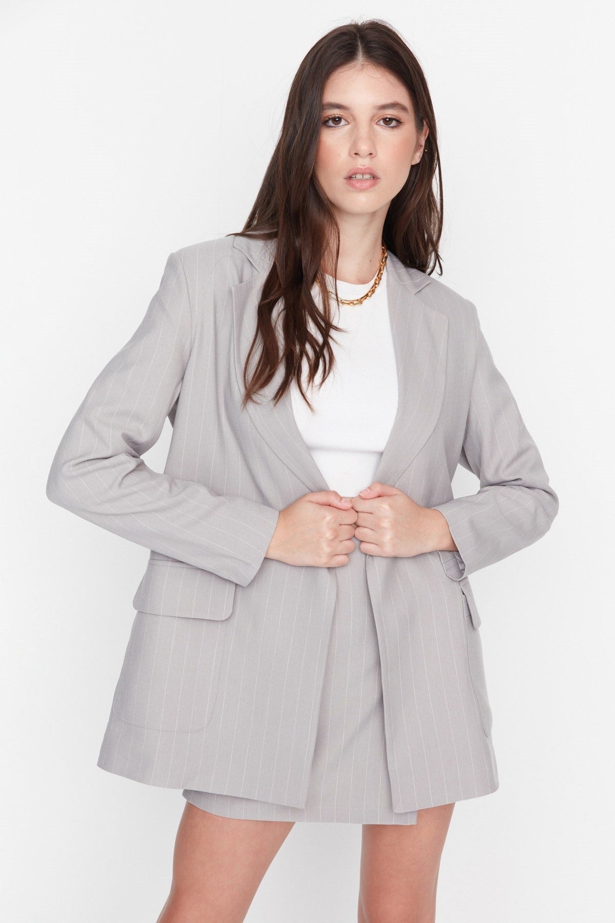 Grey Regular Lined Buttoned Woven Blazer Jacket Twoaw23bc00059