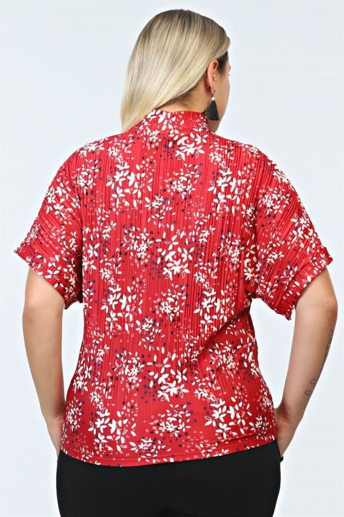 Floral Print Pleated Blouse With Stand Collar - Red Tyc00624854290