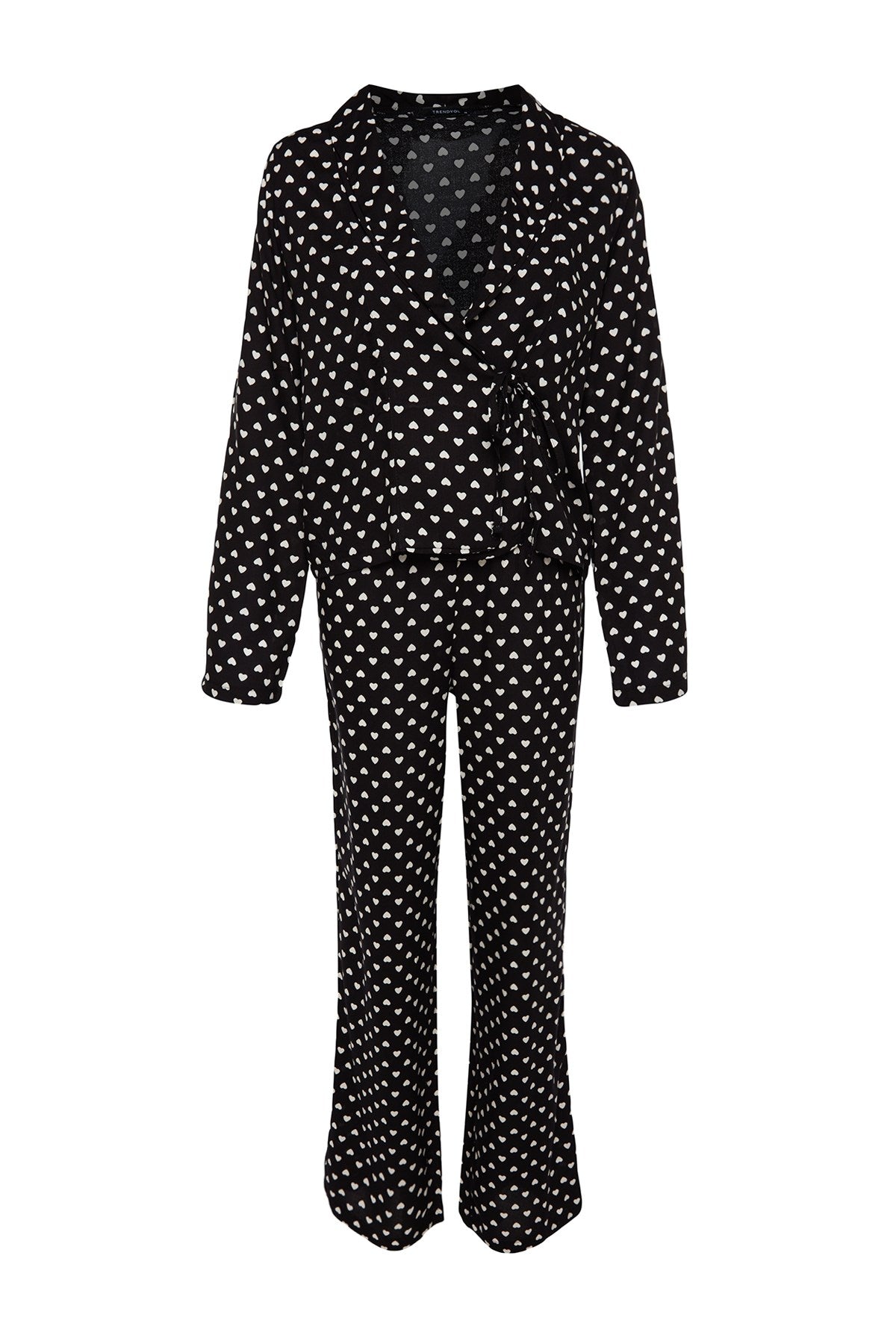 Powder Heart Pattern Drawstring Detailed Shirt-pants Woven Sleepwear Set Thmaw22pt0300