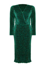 Green Animal Pattern Double Breasted Midi Woven Dress Tbbaw24ah00106