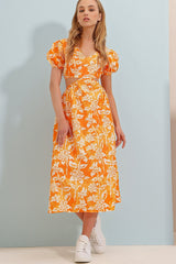 Women's Orange V Neck Princess Sleeve Waist Neckline Floral Pattern Midiboy Poplin Dress Alc-x8579