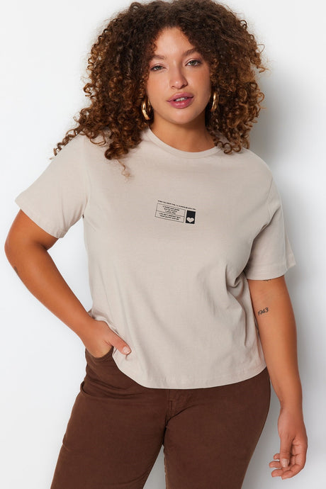 Beige Crop Knitted Crew Neck Printed T-shirt Tbbss23bf00027