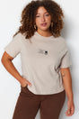 Beige Crop Knitted Crew Neck Printed T-shirt Tbbss23bf00027