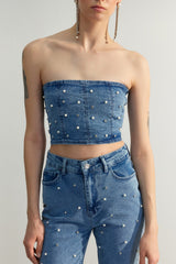 Limited Edition Blue Pearl Detailed Denim Bustier Twoss23bs00018