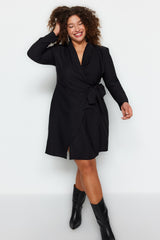 Black Plain Double Breasted Mini Woven Plus Size Dress Tbbaw24ah00058