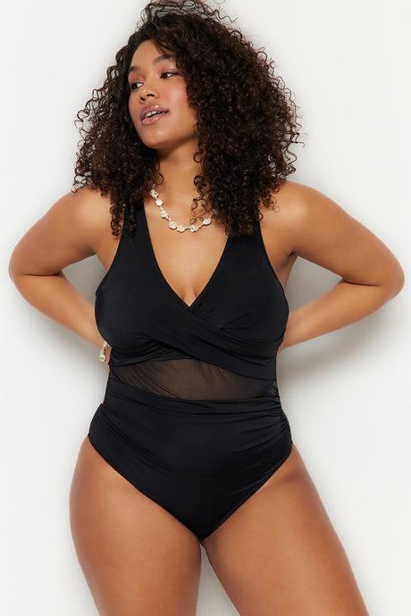 Black Mesh Detailed Swimsuit Tbbss23am00037